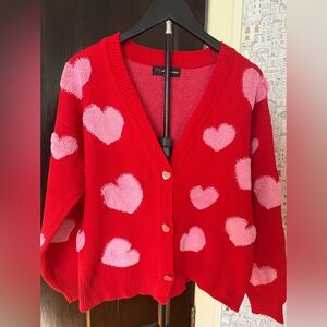 32 Degrees Red Cardigan with Pink Heart Patterns